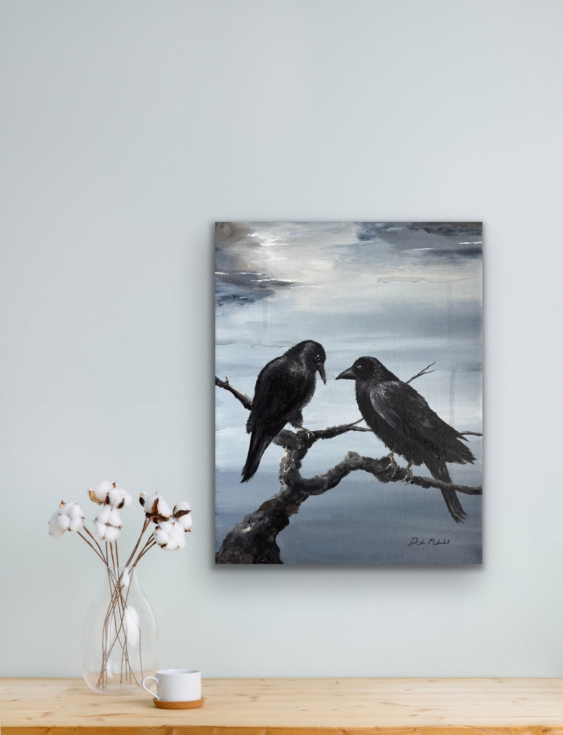 Painting of two crows on a black branch. One crow has her head down, the male crow is looking at her.