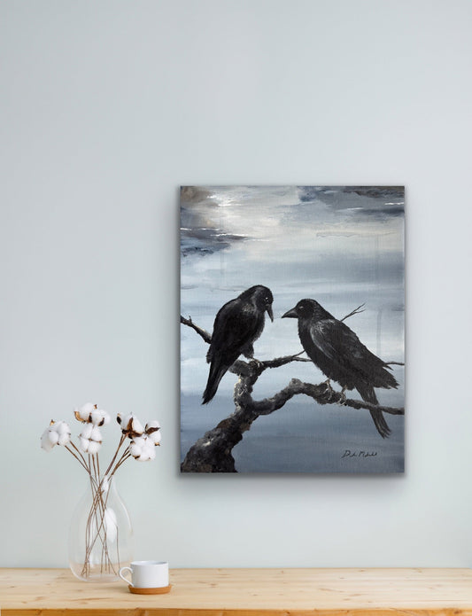 Painting of two crows on a black branch. One crow has her head down, the male crow is looking at her.