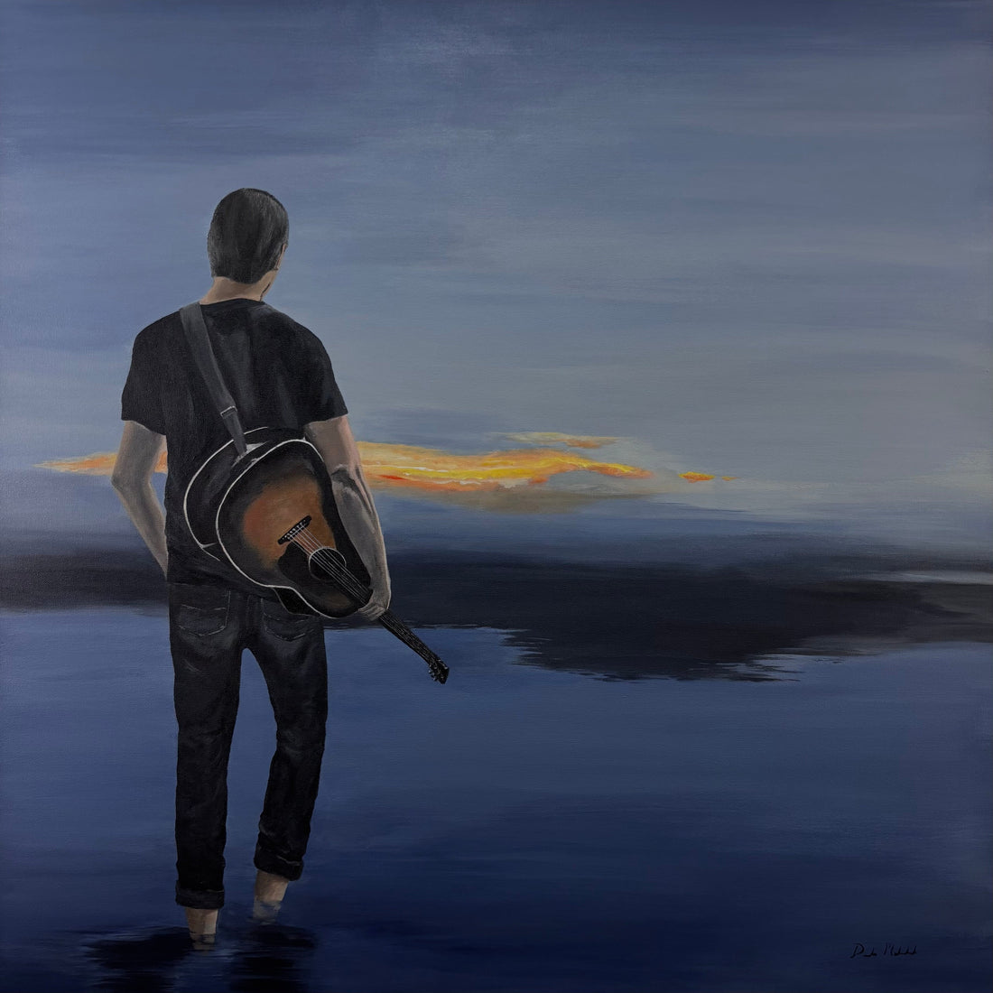 An original painting of a man with his guitar standing in water overlooking a sunset with muted tones of blues, bright yellows and oranges.